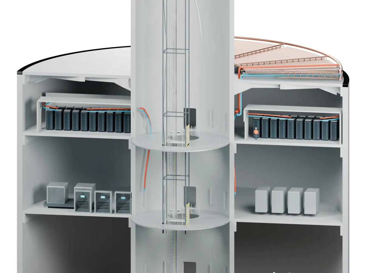 Close view of server racks and supporting equipment on solid decks within the ECO TLP foundation.