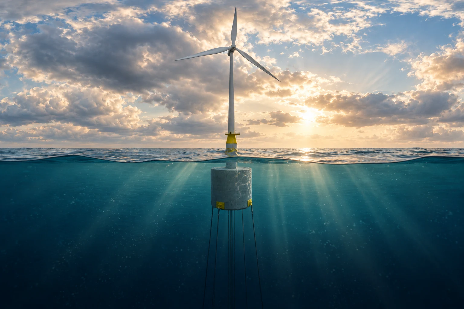 Blender rendering of the ECO TLP model: the full wind turbine and yellow access platform above the waterline, with the cylindrical foundation and mooring lines visible below.