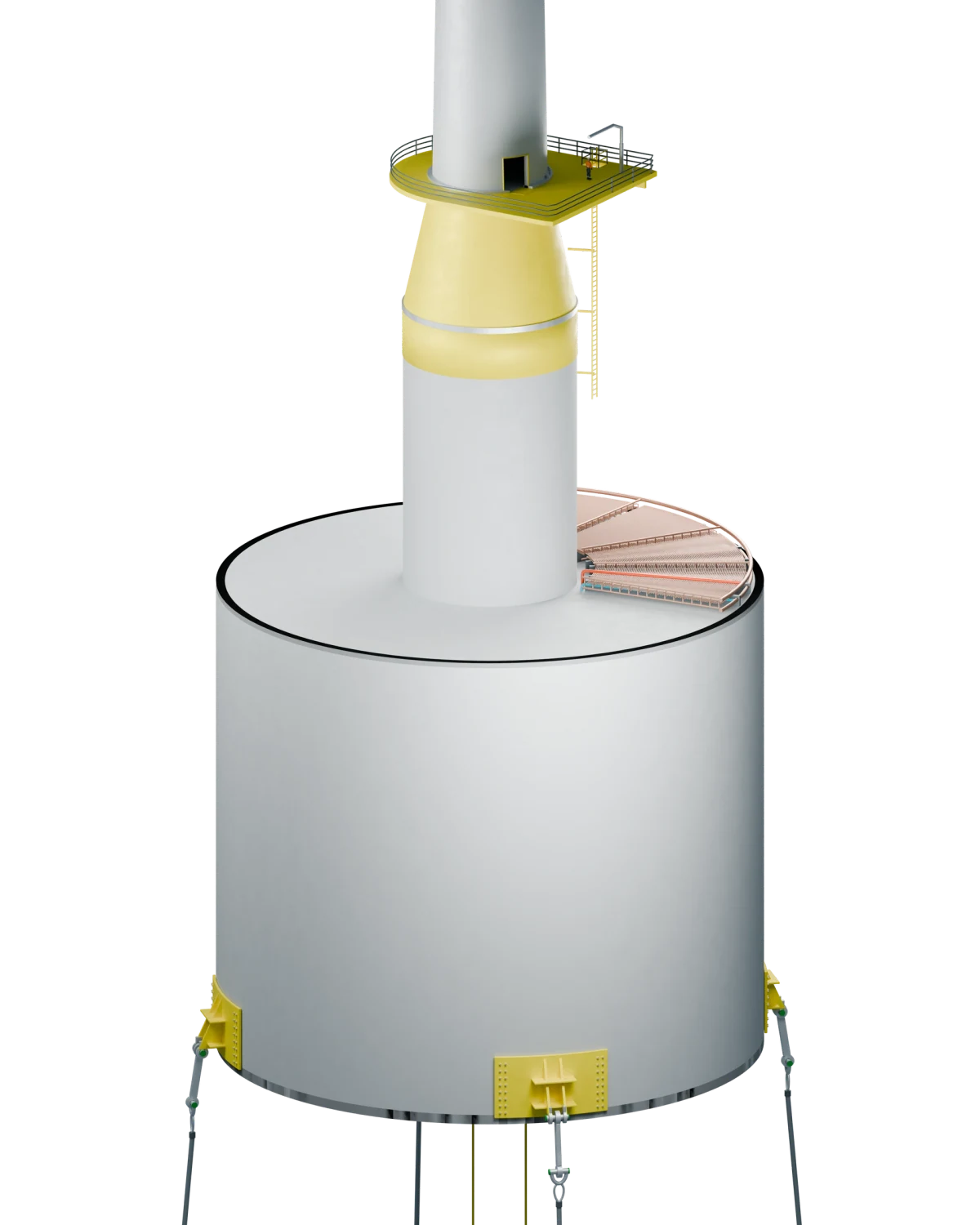 Solid three-quarter view of the ECO TLP cylindrical foundation, service shaft, yellow access platform, and mooring attachments.